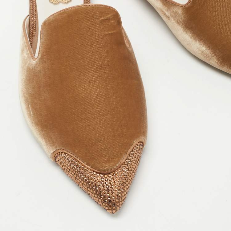 Pre Owned René Caovilla Brown Satin and Crystal Embellished Mules Size 38