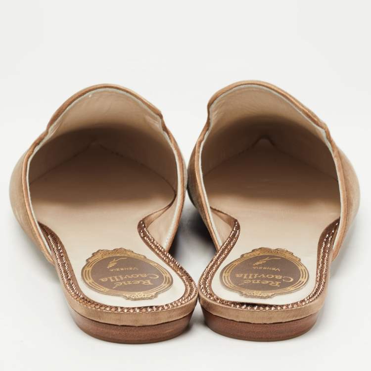 Pre Owned René Caovilla Brown Satin and Crystal Embellished Mules Size 38