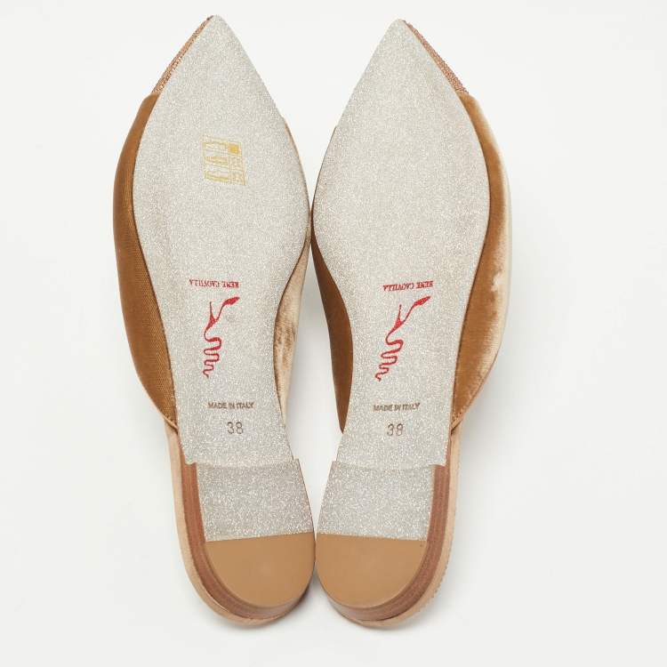 Pre Owned René Caovilla Brown Satin and Crystal Embellished Mules Size 38
