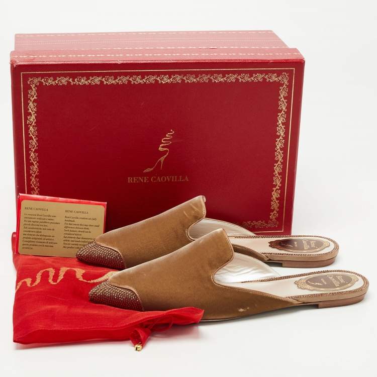 Pre Owned René Caovilla Brown Satin and Crystal Embellished Mules Size 38