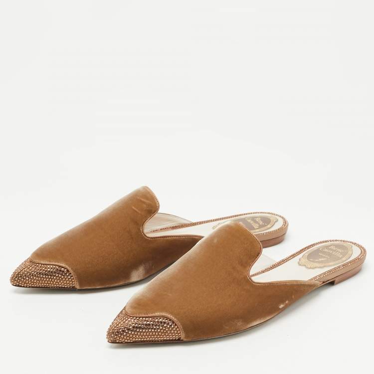 Pre Owned René Caovilla Brown Satin and Crystal Embellished Mules Size 38