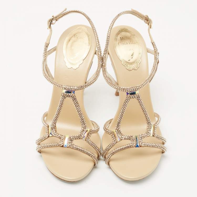 Pre Owned René Caovilla Beige Leather and Crystal Venezia Crystal Slingback Sandals Size 36