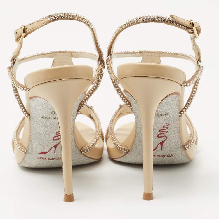 Pre Owned René Caovilla Beige Leather and Crystal Venezia Crystal Slingback Sandals Size 36