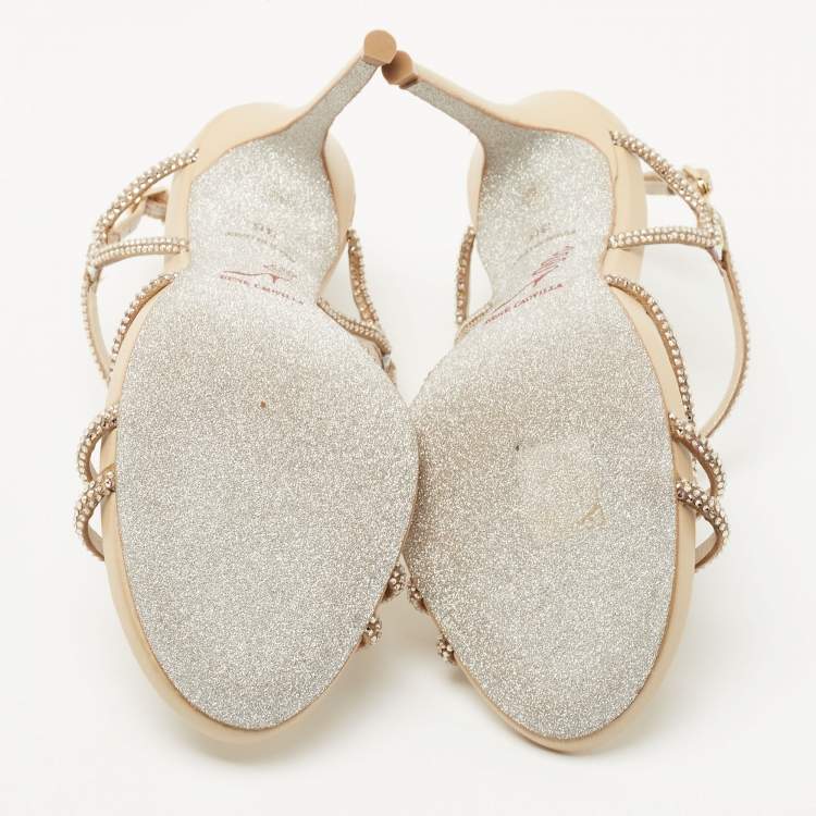 Pre Owned René Caovilla Beige Leather and Crystal Venezia Crystal Slingback Sandals Size 36