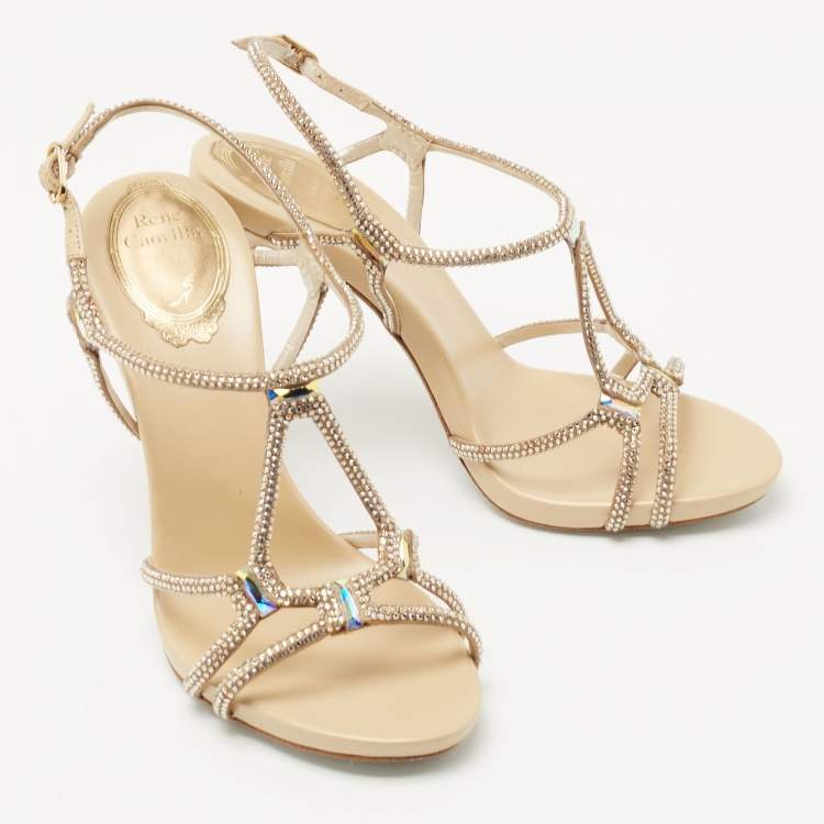 Pre Owned René Caovilla Beige Leather and Crystal Venezia Crystal Slingback Sandals Size 36