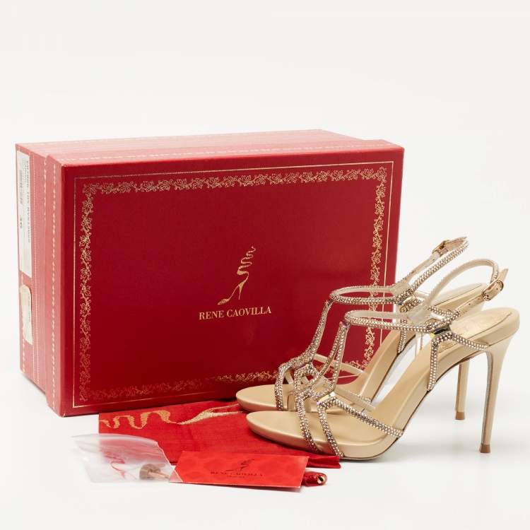 Pre Owned René Caovilla Beige Leather and Crystal Venezia Crystal Slingback Sandals Size 36