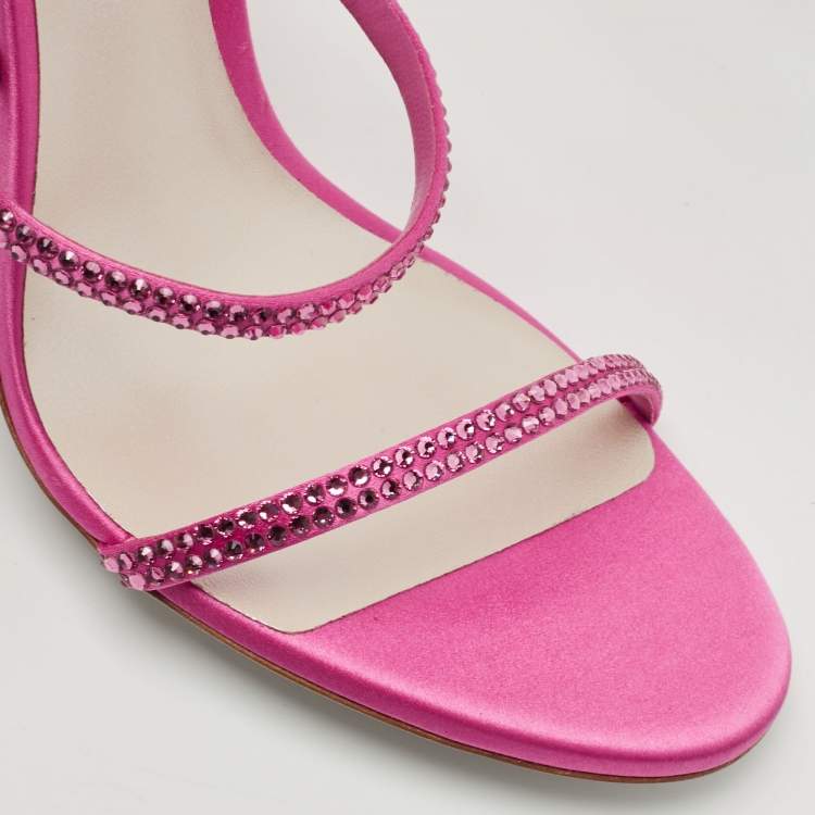 Pre Owned René Caovilla Pink  Satin  Cleo Crystal Embellished Sandals Size 38.5