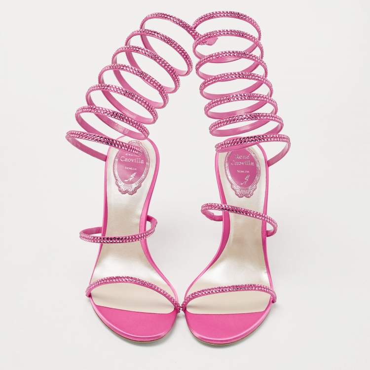 Pre Owned René Caovilla Pink  Satin  Cleo Crystal Embellished Sandals Size 38.5