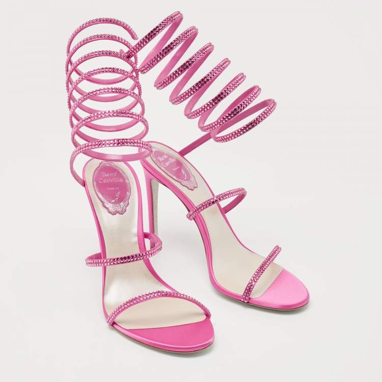 Pre Owned René Caovilla Pink  Satin  Cleo Crystal Embellished Sandals Size 38.5