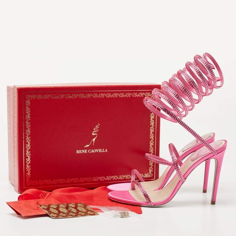 Pre Owned René Caovilla Pink  Satin  Cleo Crystal Embellished Sandals Size 38.5