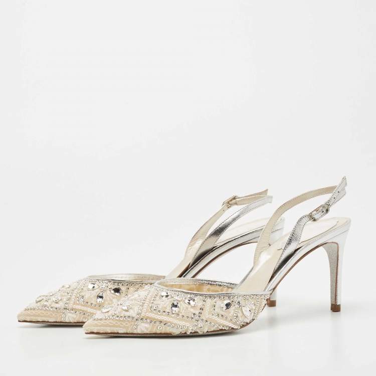 Pre Owned René Caovilla White/Silver Leather and Mesh Crystal Embellished Lace Slingback Pumps Size 37
