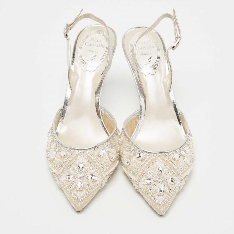 Pre Owned René Caovilla White/Silver Leather and Mesh Crystal Embellished Lace Slingback Pumps Size 37