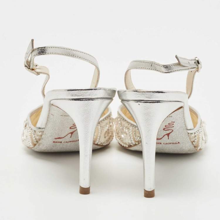 Pre Owned René Caovilla White/Silver Leather and Mesh Crystal Embellished Lace Slingback Pumps Size 37