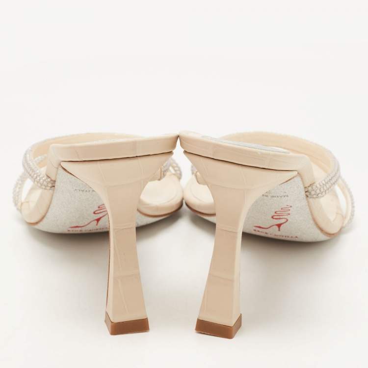 Pre Owned René Caovilla Cream Croc Embossed Leather Crystal Embellished Slide Sandals Size 38