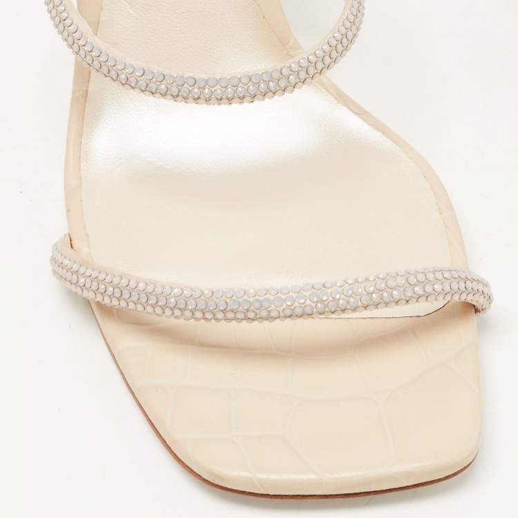 Pre Owned René Caovilla Cream Croc Embossed Leather Crystal Embellished Slide Sandals Size 38