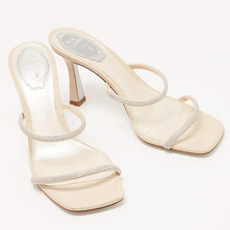 Pre Owned René Caovilla Cream Croc Embossed Leather Crystal Embellished Slide Sandals Size 38