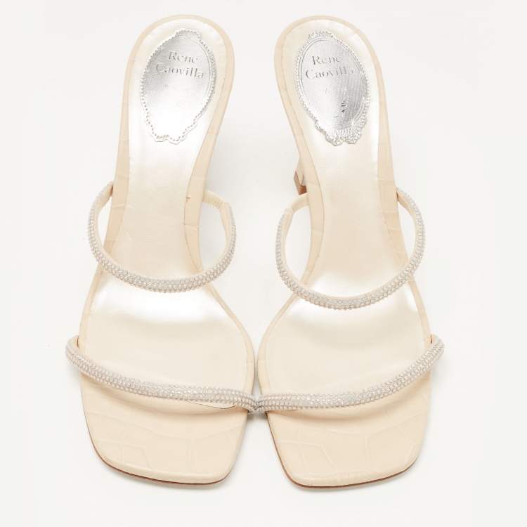 Pre Owned René Caovilla Cream Croc Embossed Leather Crystal Embellished Slide Sandals Size 38