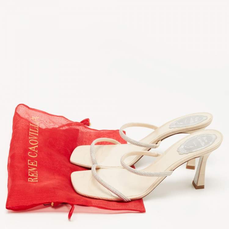 Pre Owned René Caovilla Cream Croc Embossed Leather Crystal Embellished Slide Sandals Size 38