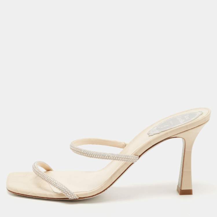 Pre Owned René Caovilla Cream Croc Embossed Leather Crystal Embellished Slide Sandals Size 38