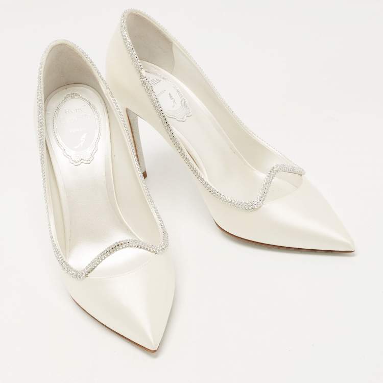 Pre Owned René Caovilla White Satin Crystal Embellished Sylvie Platform Pumps Size 35