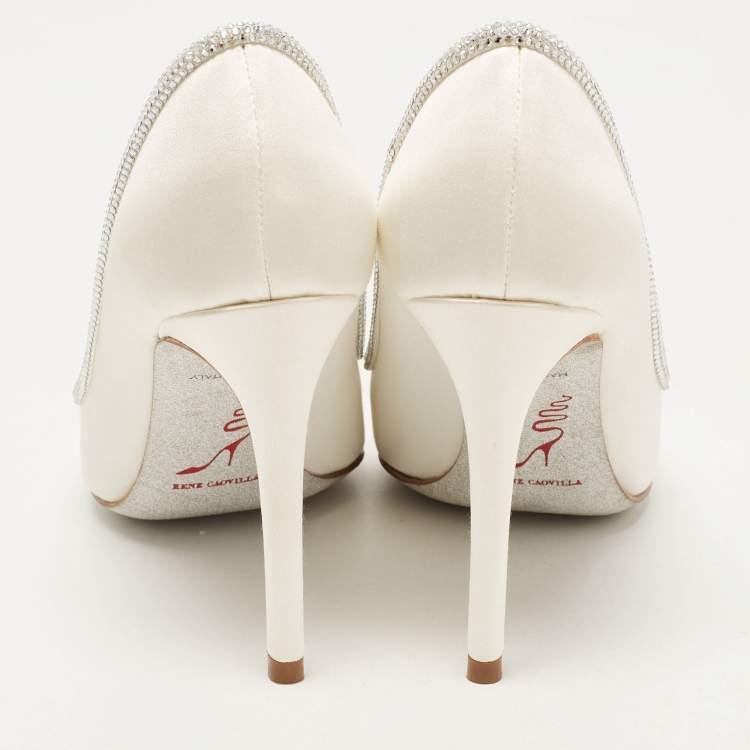 Pre Owned René Caovilla White Satin Crystal Embellished Sylvie Platform Pumps Size 35