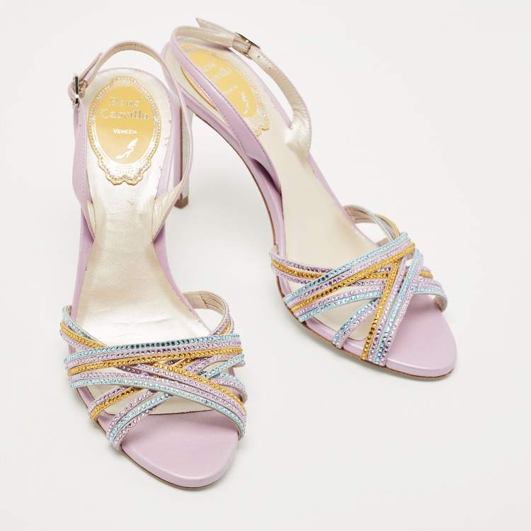 Pre Owned René Caovilla Multicolor Crystal Embellished Leather Vida Ankle Strap Sandals Size 36