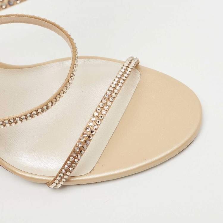 مملوكة مسبقًا René Caovilla Metallic Beige Satin Crystal Embellished Cleo Ankle Wrap Sandals Size 40