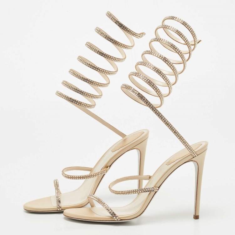 مملوكة مسبقًا René Caovilla Metallic Beige Satin Crystal Embellished Cleo Ankle Wrap Sandals Size 40