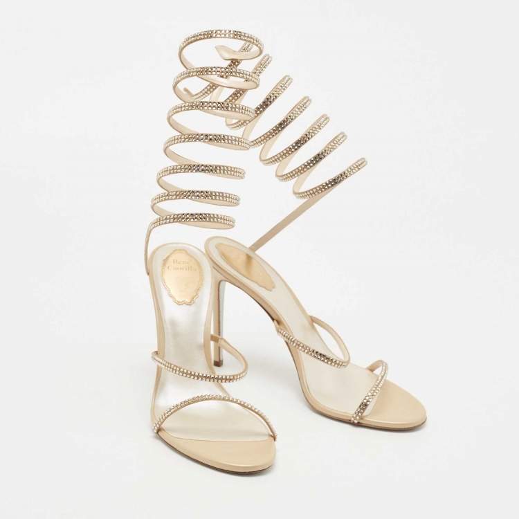 مملوكة مسبقًا René Caovilla Metallic Beige Satin Crystal Embellished Cleo Ankle Wrap Sandals Size 40
