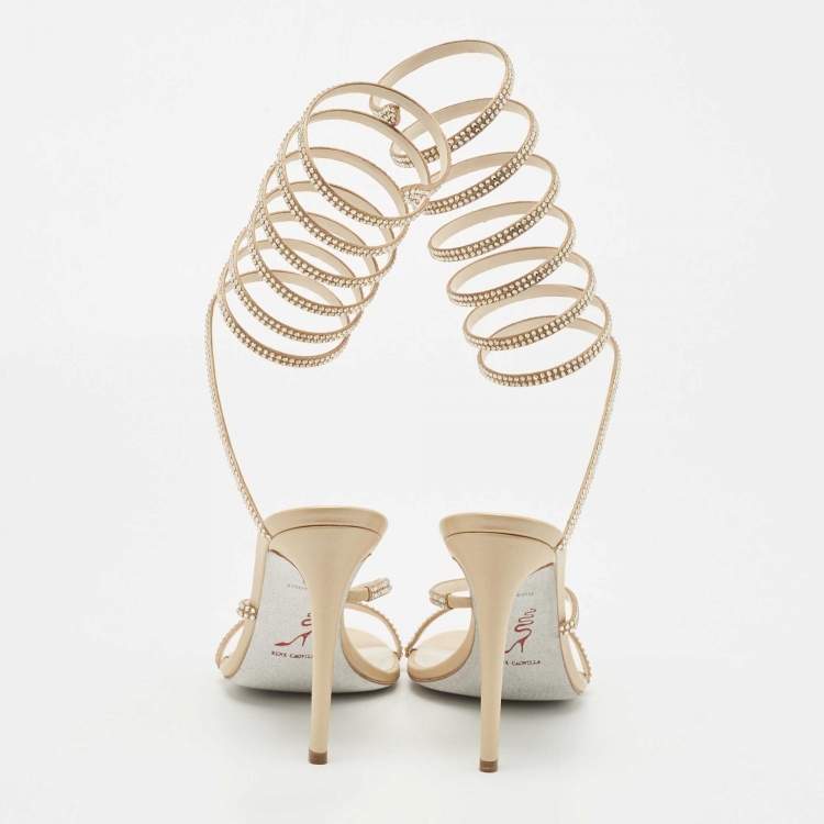 مملوكة مسبقًا René Caovilla Metallic Beige Satin Crystal Embellished Cleo Ankle Wrap Sandals Size 40