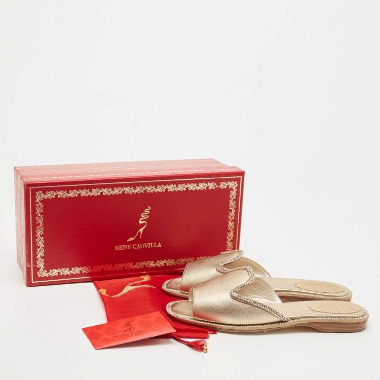 Pre Owned René Caovilla Metallic Gold Leather Mules Size 36
