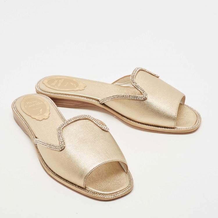 Pre Owned René Caovilla Metallic Gold Leather Mules Size 36