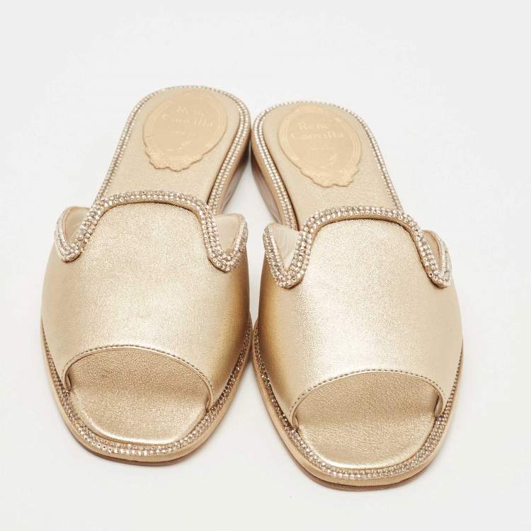 Pre Owned René Caovilla Metallic Gold Leather Mules Size 36
