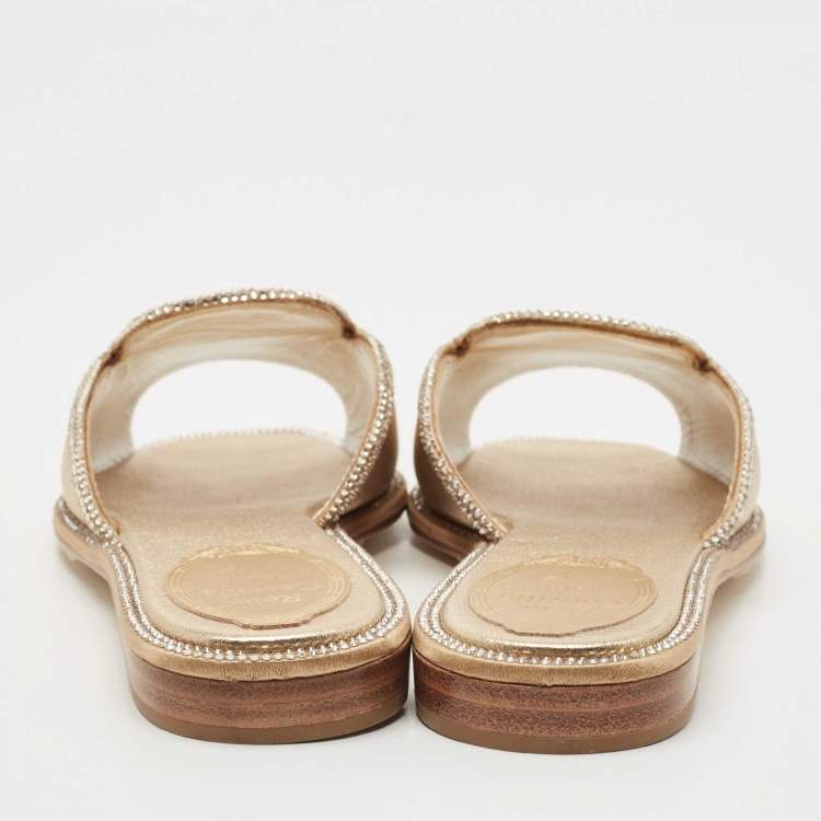 Pre Owned René Caovilla Metallic Gold Leather Mules Size 36