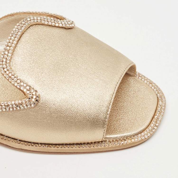 Pre Owned René Caovilla Metallic Gold Leather Mules Size 36