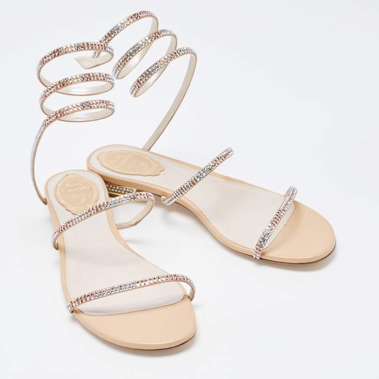 Pre Owned René Caovilla Metallic Gold Crystal Embellished Ankle Wrap Sandals Size 38