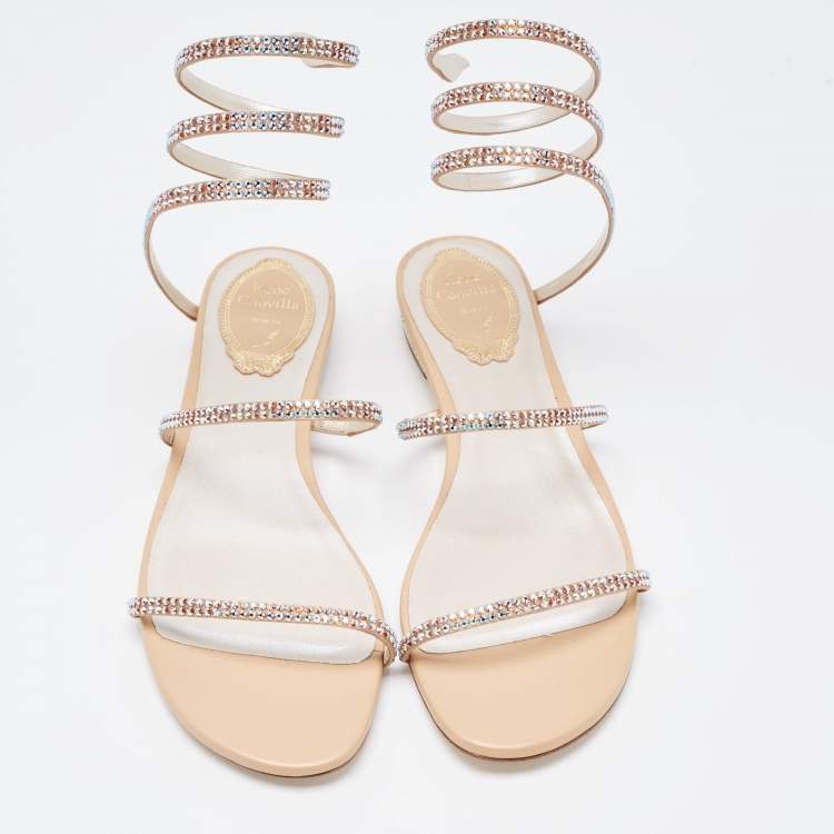 Pre Owned René Caovilla Metallic Gold Crystal Embellished Ankle Wrap Sandals Size 38