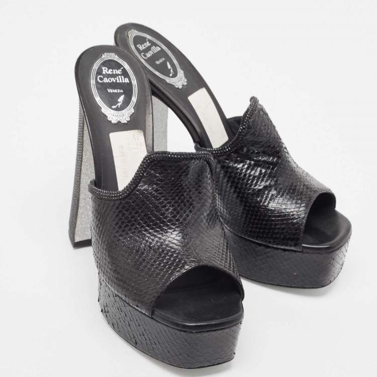 Pre Owned René Caovilla Black Python Slide Sandals Size 41