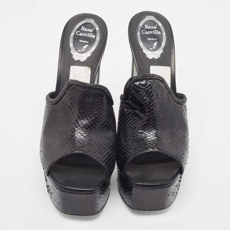 Pre Owned René Caovilla Black Python Slide Sandals Size 41