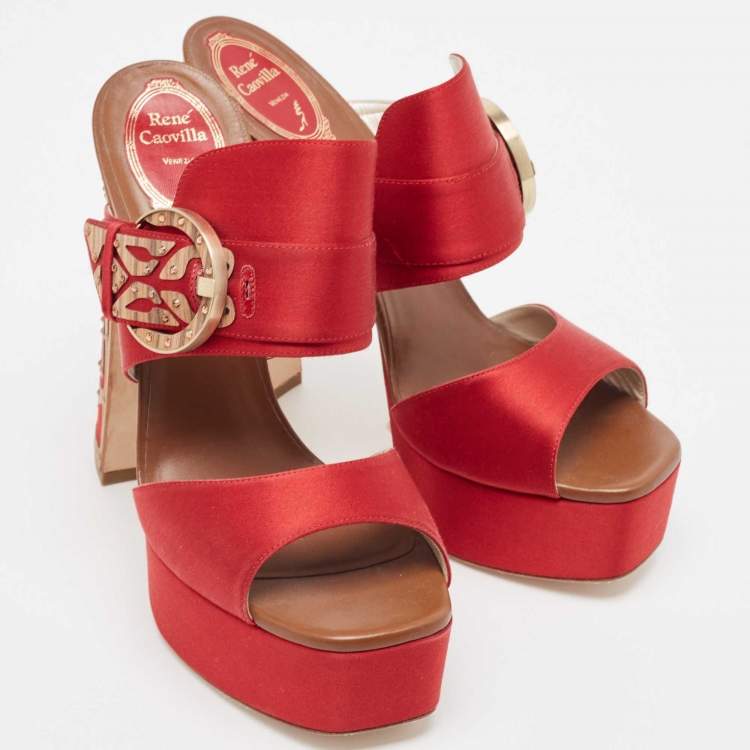 Pre Owned René Caovilla Red Satin Embellished Buckle Platform Sandals Size 41