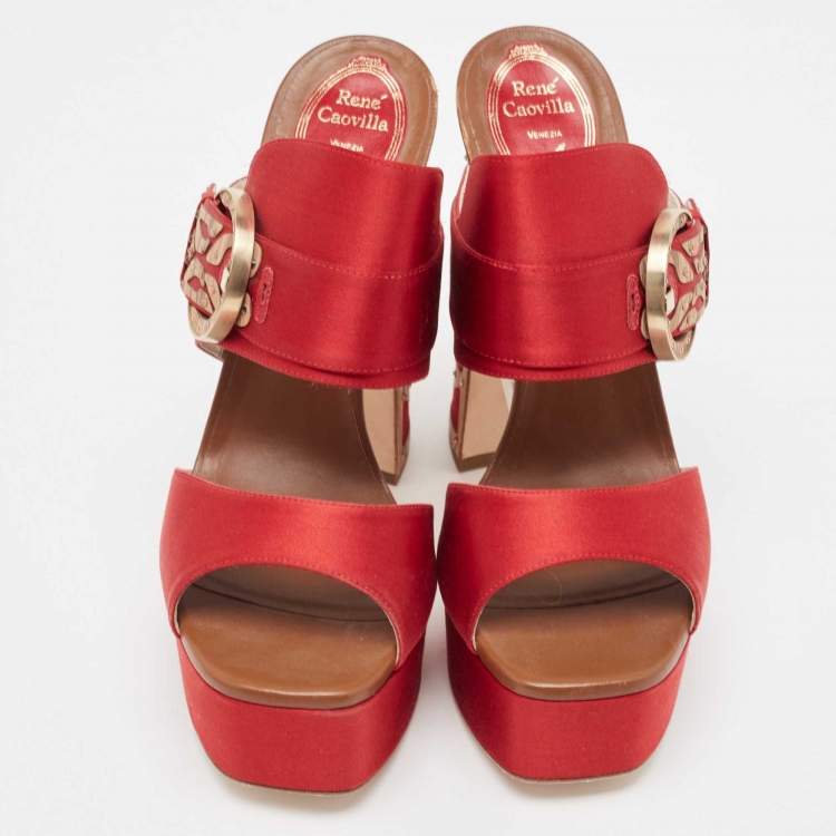 Pre Owned René Caovilla Red Satin Embellished Buckle Platform Sandals Size 41