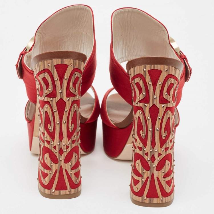 Pre Owned René Caovilla Red Satin Embellished Buckle Platform Sandals Size 41