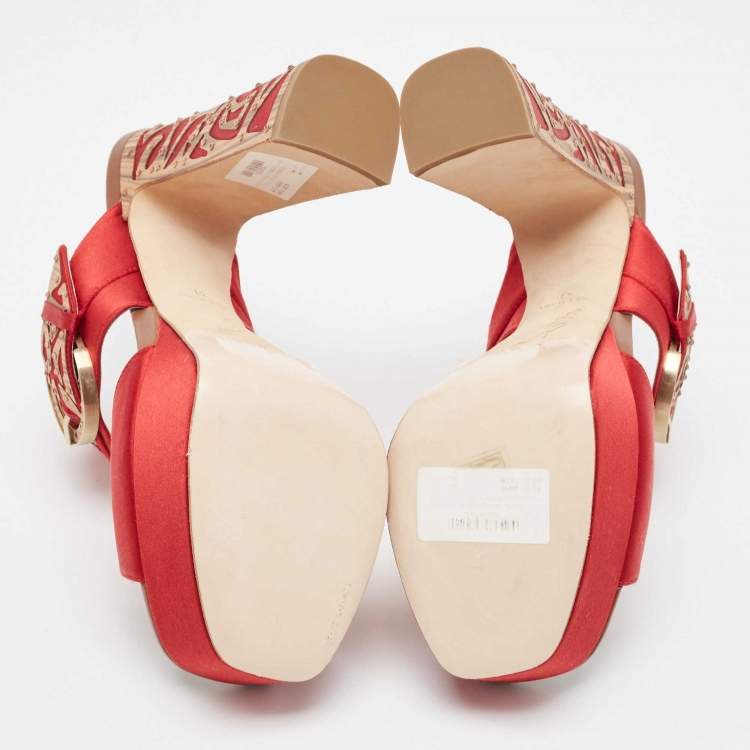 Pre Owned René Caovilla Red Satin Embellished Buckle Platform Sandals Size 41