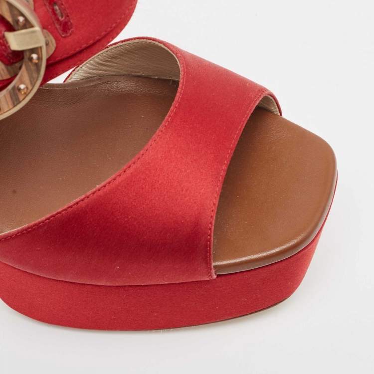 Pre Owned René Caovilla Red Satin Embellished Buckle Platform Sandals Size 41