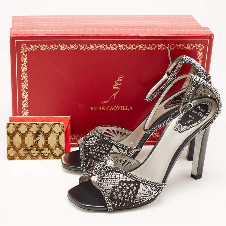 Pre Owned René Caovilla Black Suede Crystal Embellished Ankle Strap Sandals Size 39