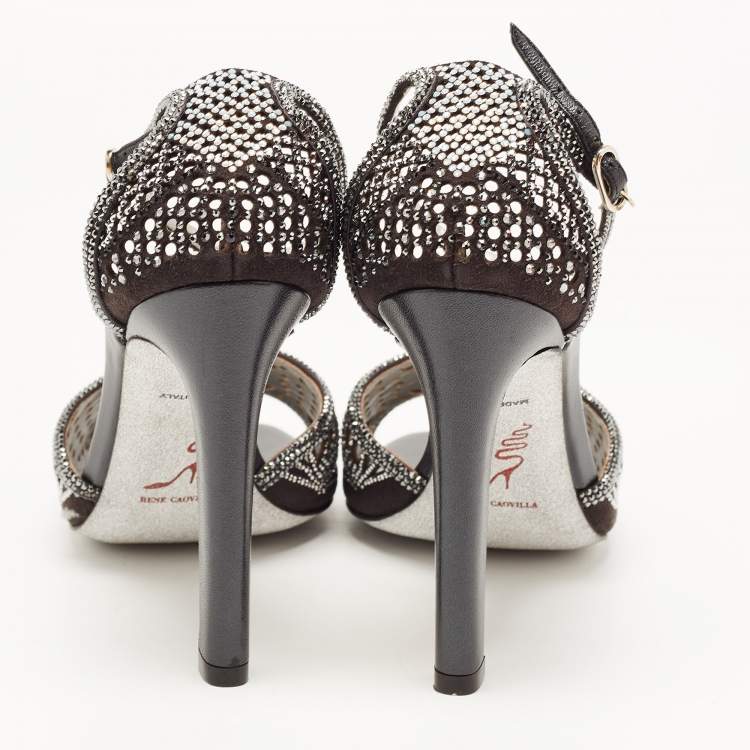 Pre Owned René Caovilla Black Suede Crystal Embellished Ankle Strap Sandals Size 39