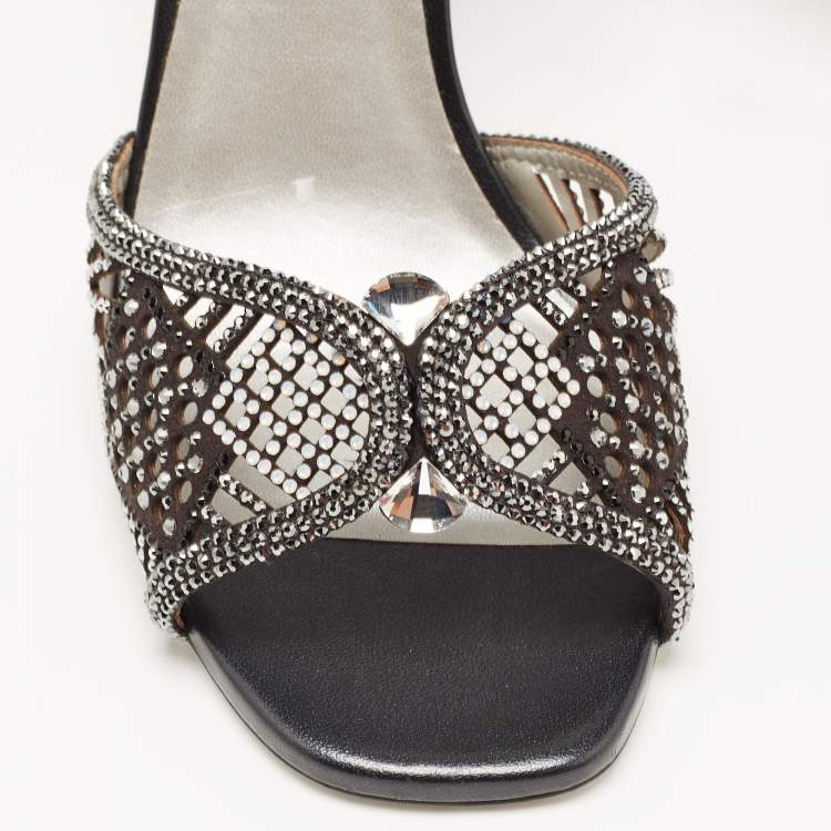 Pre Owned René Caovilla Black Suede Crystal Embellished Ankle Strap Sandals Size 39