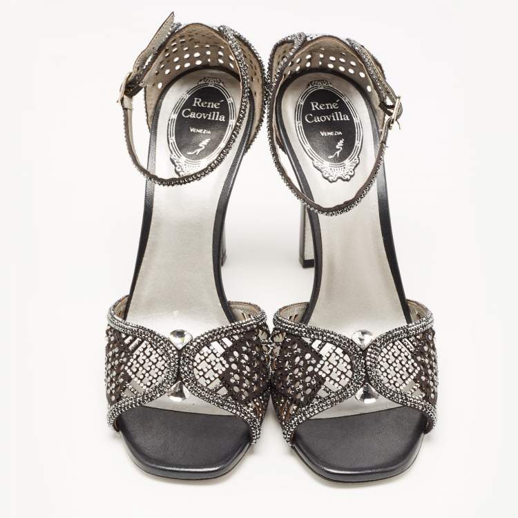 Pre Owned René Caovilla Black Suede Crystal Embellished Ankle Strap Sandals Size 39
