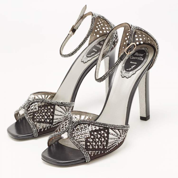 Pre Owned René Caovilla Black Suede Crystal Embellished Ankle Strap Sandals Size 39