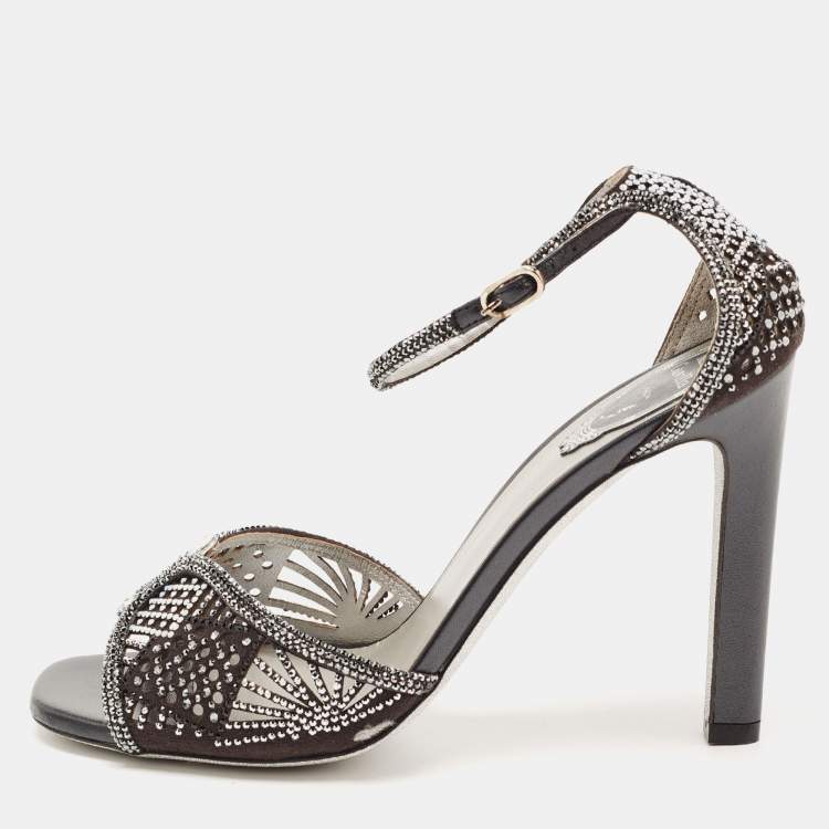 Pre Owned René Caovilla Black Suede Crystal Embellished Ankle Strap Sandals Size 39